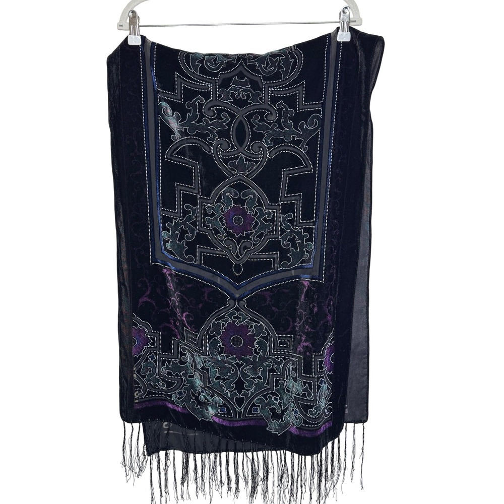 Black Velvet Burnout Devore Silk Shawl Scarf 20x60